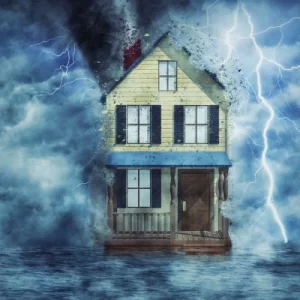 surreal image of a house being hit by a tornado with lightning striking nearby