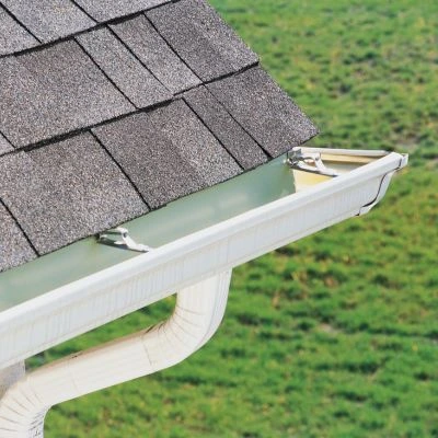 Aluminum (white) gutter and downspout on an asphalt shingle roof in Arden, NC.