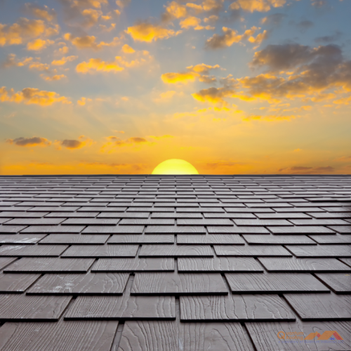Image of sun peaking over a synthetic shingle roof