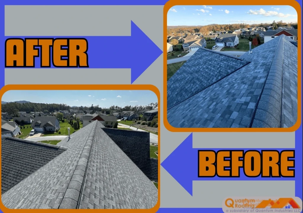 Roof Replacement project in Hendersonville, NC showcasing a combined before and after images.
