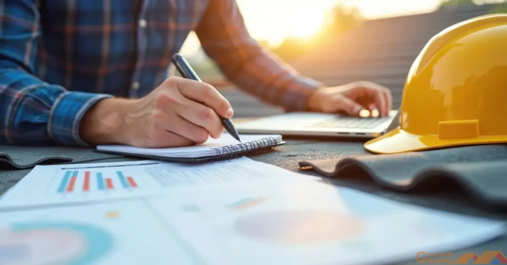 Roof contractor with paperwork helping to figure out roof financing options.