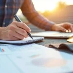 Roof contractor with paperwork helping to figure out roof financing options.