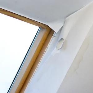 Water-damaged ceiling and peeling paint around skylight requiring repair in North Carolina home.