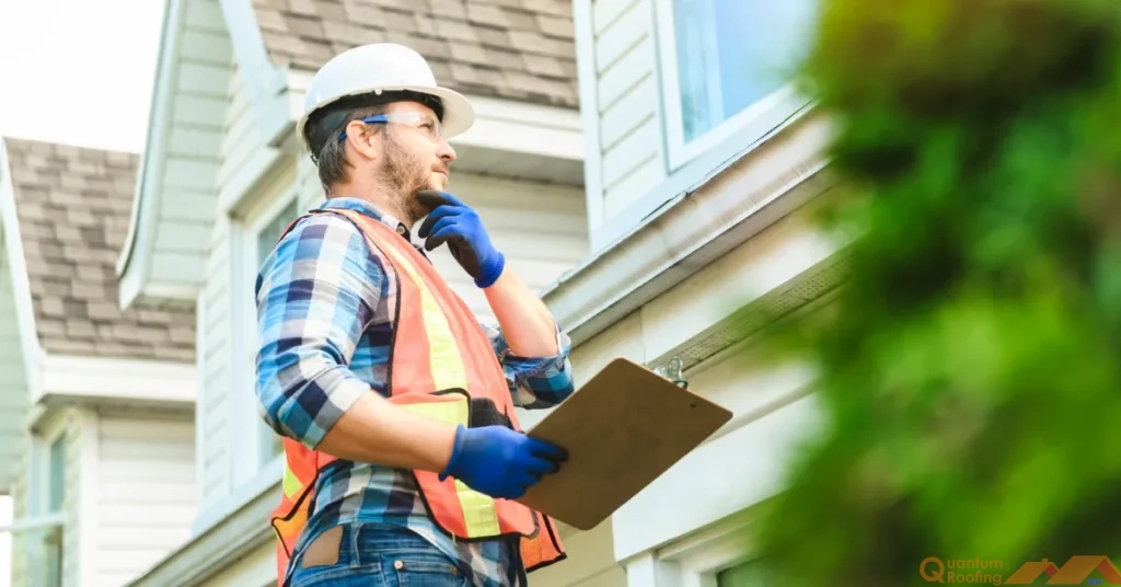 Contractor with a clipboard looking at a roof and thinking with his hand on his chin.