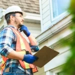 Contractor with a clipboard looking at a roof and thinking with his hand on his chin.