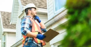 Contractor with a clipboard looking at a roof and thinking with his hand on his chin.