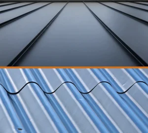 Standing seam metal roof on top and corrugated meta roof on bottom divided by an orange line.