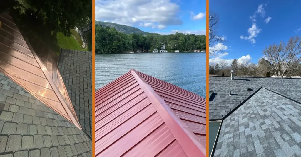 A rootop comparison image showing 3 different kinds of roofing materials.