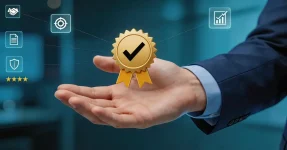 Warranty seal indication hovering above a man's hand.