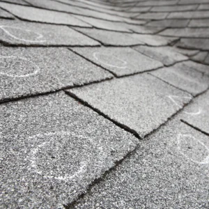 Roof shingles marked with chalk to indicate where the roof inspection found hail damage.