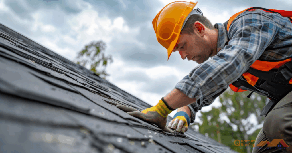 Roofing contractor in orange hard hat working on shingle roof repair.