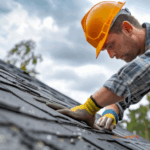 Roofing contractor in orange hard hat working on shingle roof repair.
