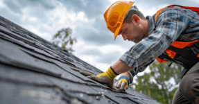 Roofing contractor in orange hard hat working on shingle roof repair.