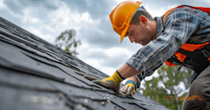 Roofing contractor in orange hard hat working on shingle roof repair.