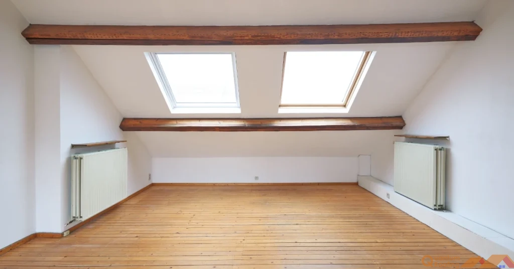 Bright attic room with two skylights set in a sloped ceiling above wood floors