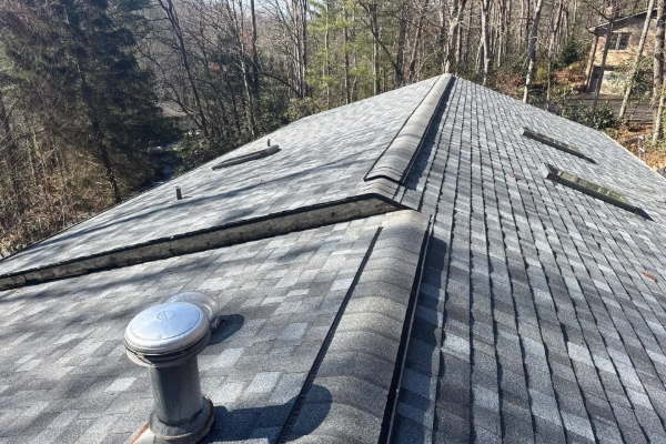 New gray shingle roof with low-profile skylights on a home surrounded by trees