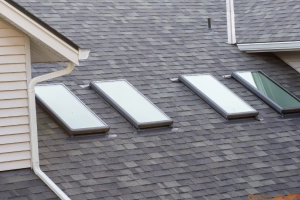 Row of four skylights installed on a gray asphalt shingle roof